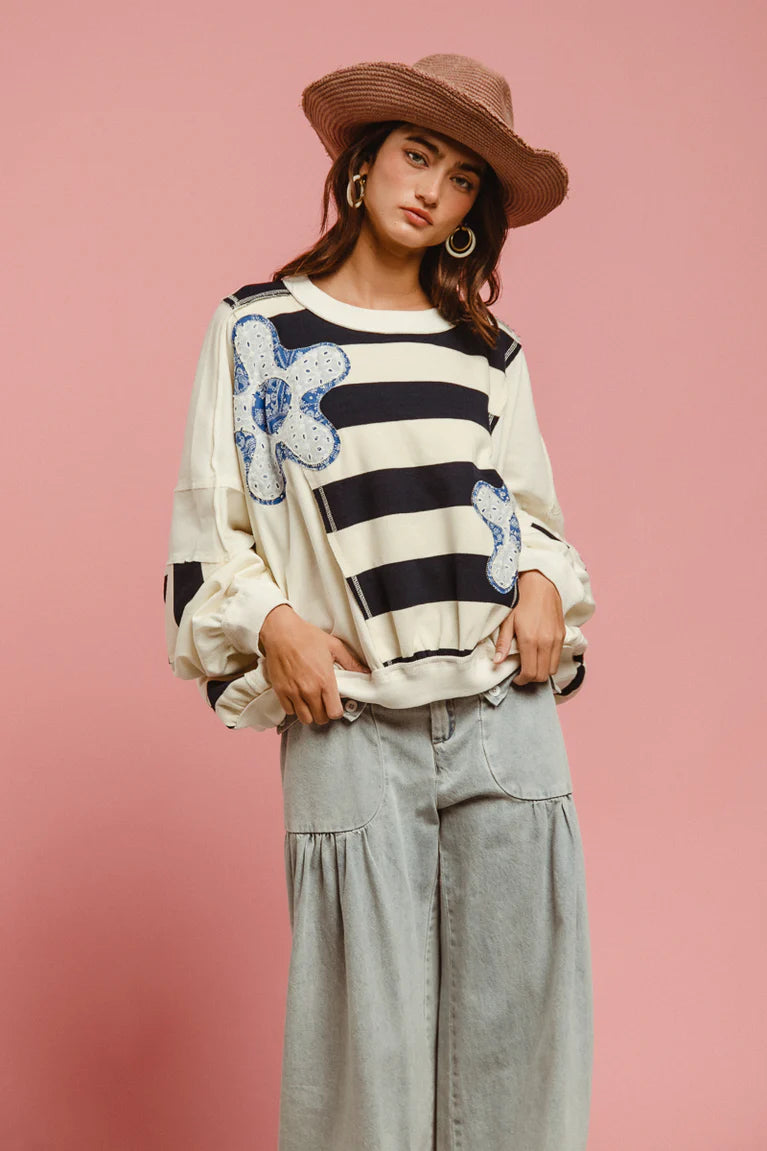 B7 BiBi Bold Blooms and Stipes Top - Oversized