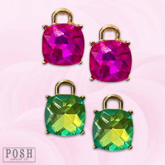 Square rhinestone with gold arch post earring