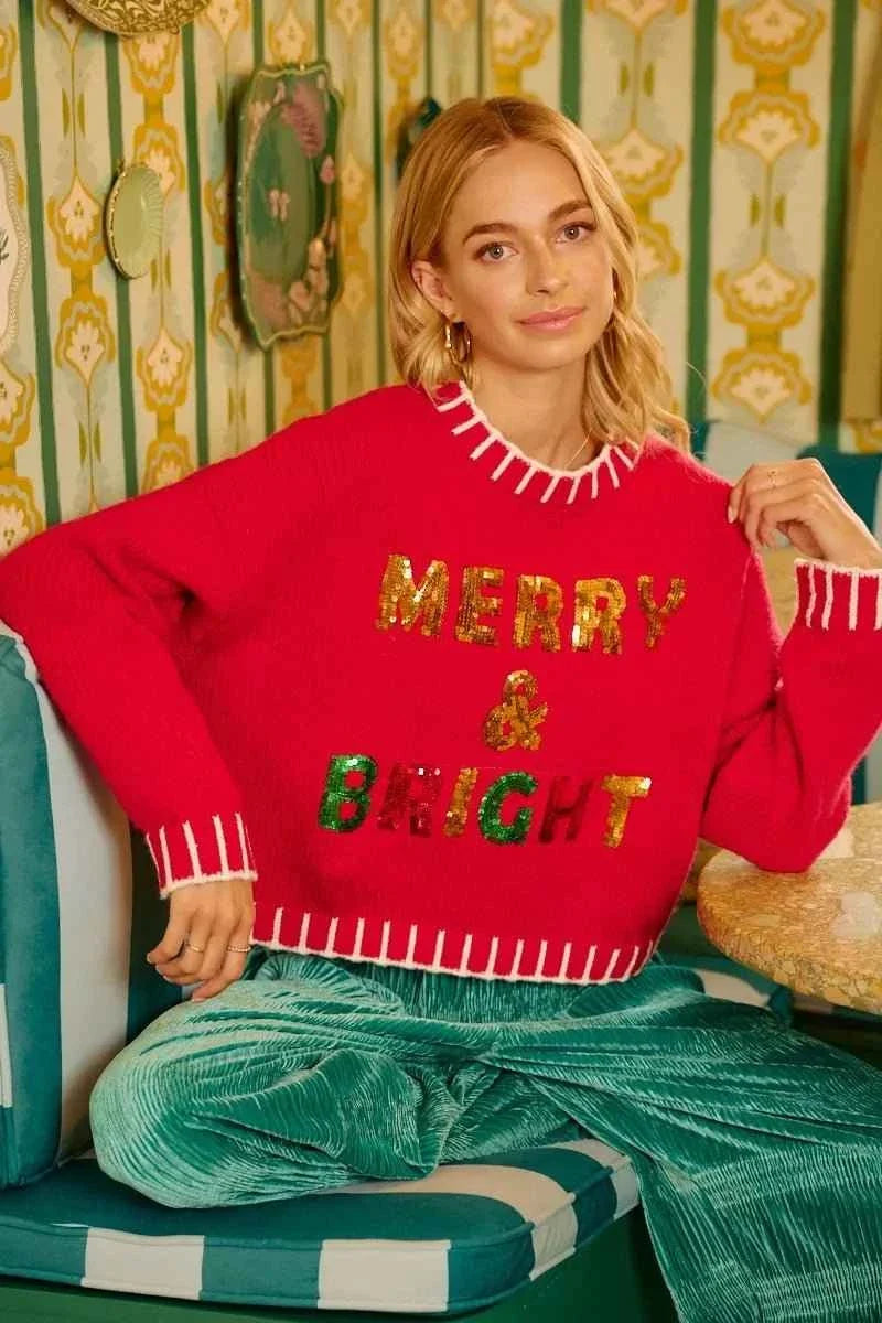 Red Christmas Theme Sequin Lettering Sweater by BiBi