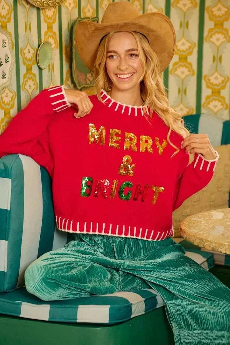 Red Christmas Theme Sequin Lettering Sweater by BiBi