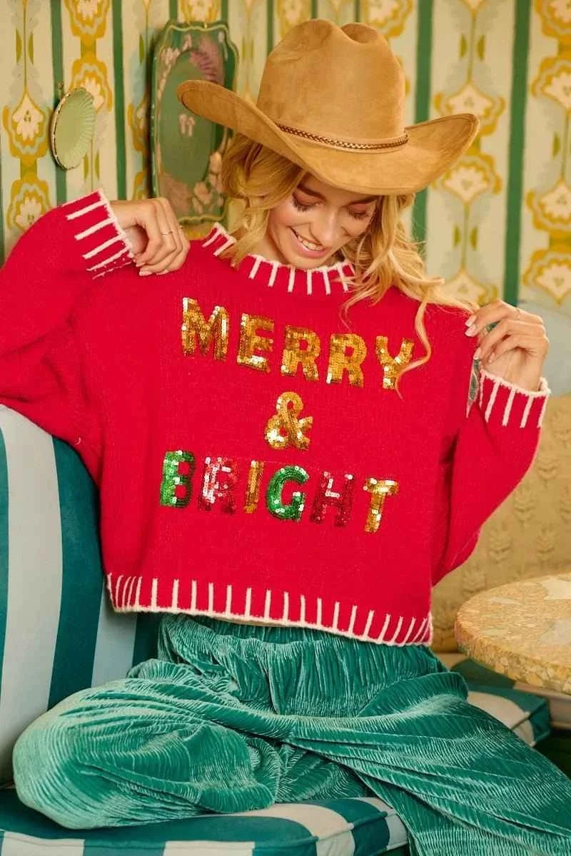 Red Christmas Theme Sequin Lettering Sweater by BiBi