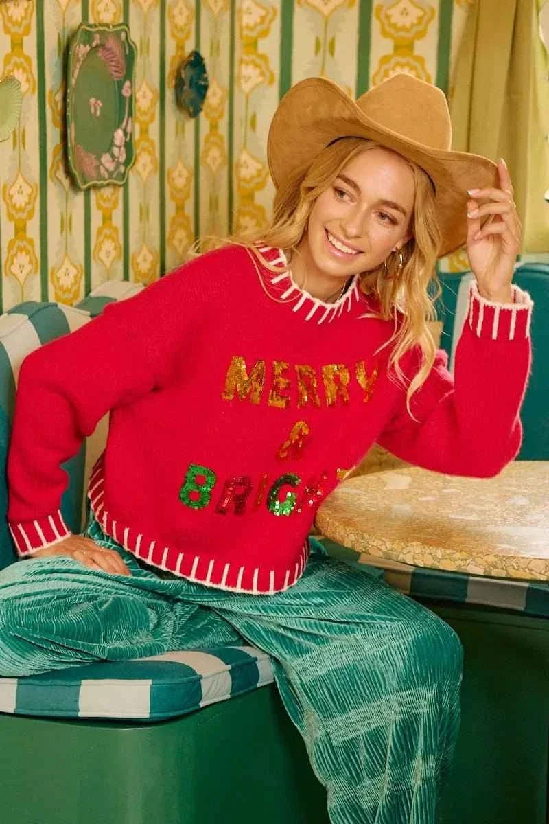 Red Christmas Theme Sequin Lettering Sweater by BiBi