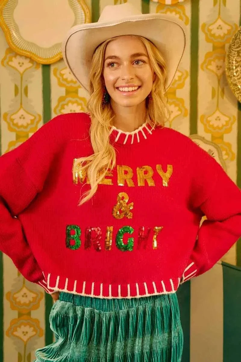 Red Christmas Theme Sequin Lettering Sweater by BiBi