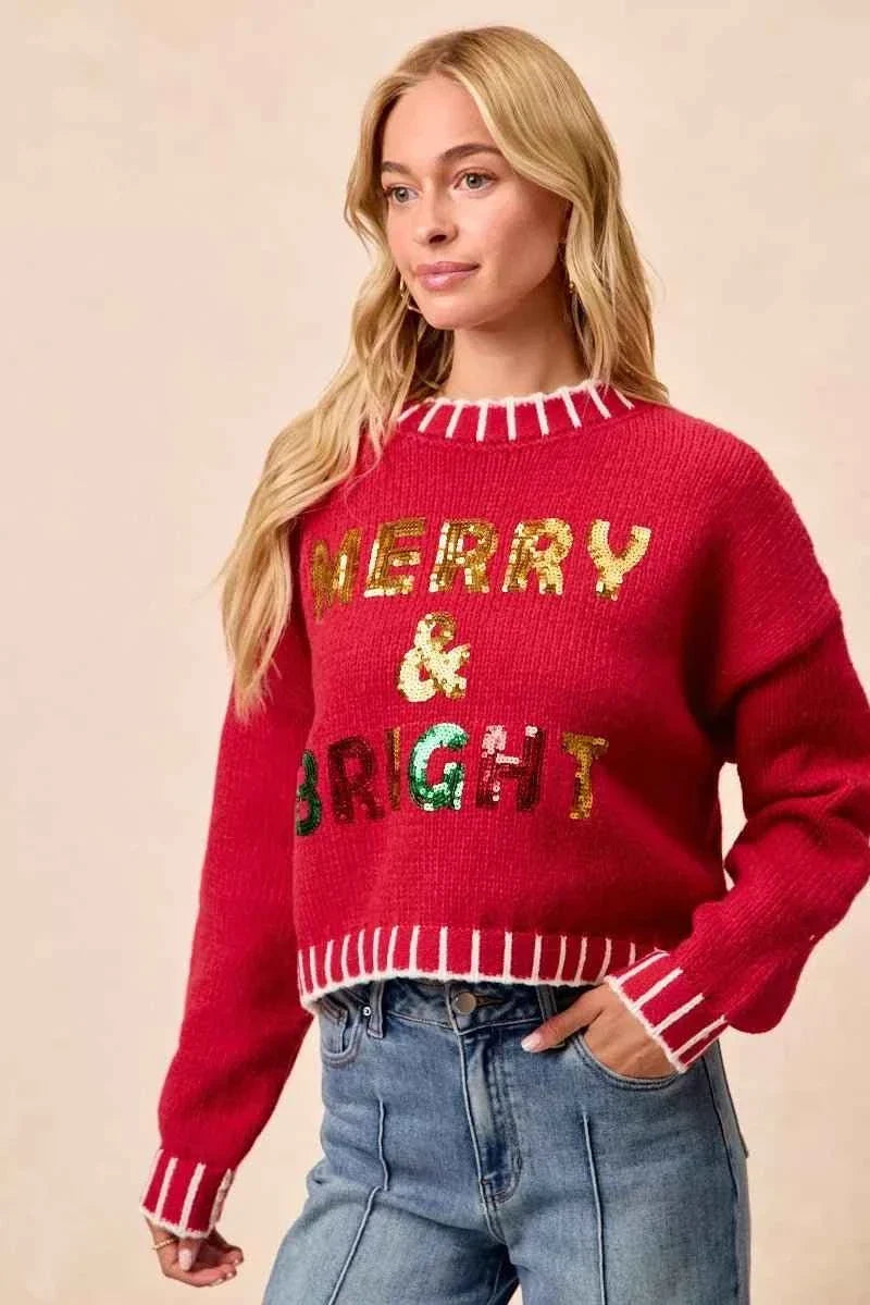 Red Christmas Theme Sequin Lettering Sweater by BiBi