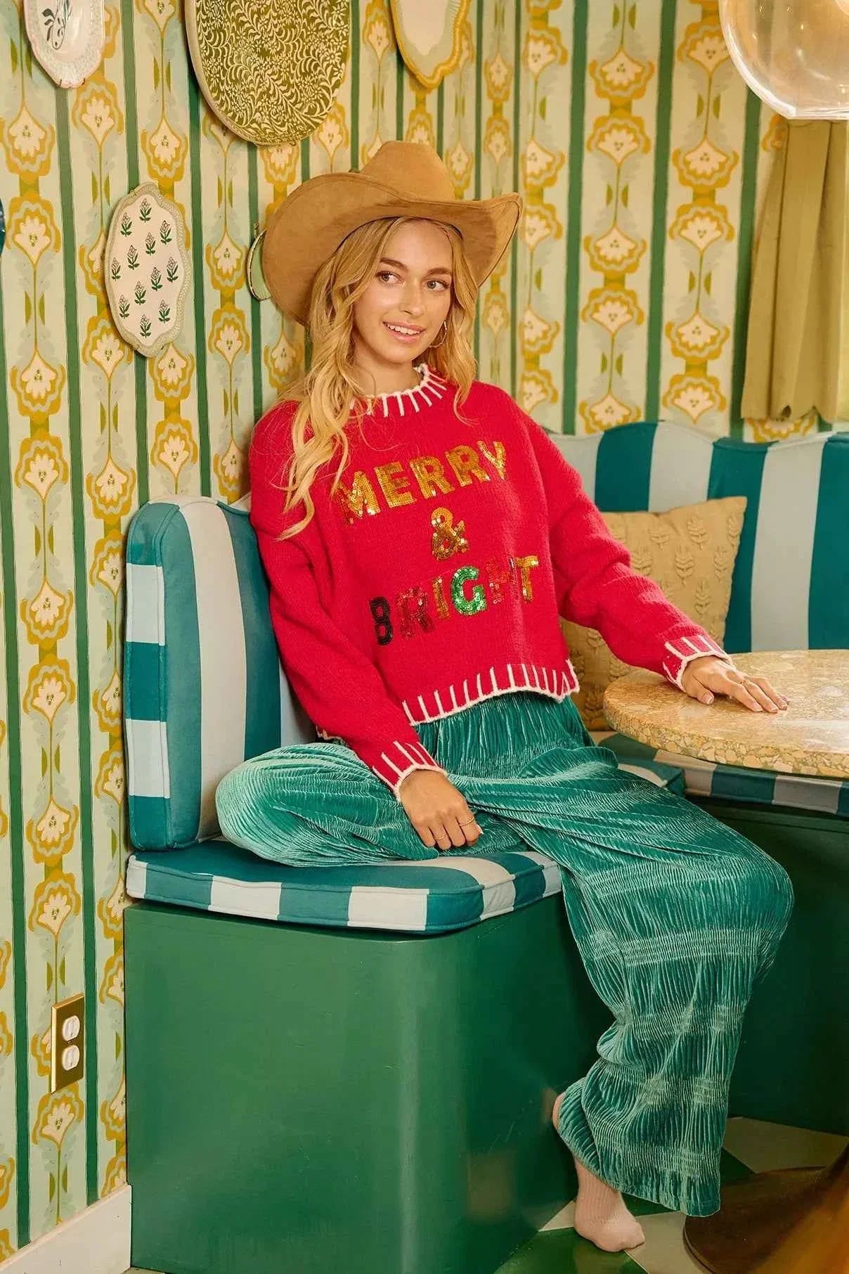Red Christmas Theme Sequin Lettering Sweater by BiBi