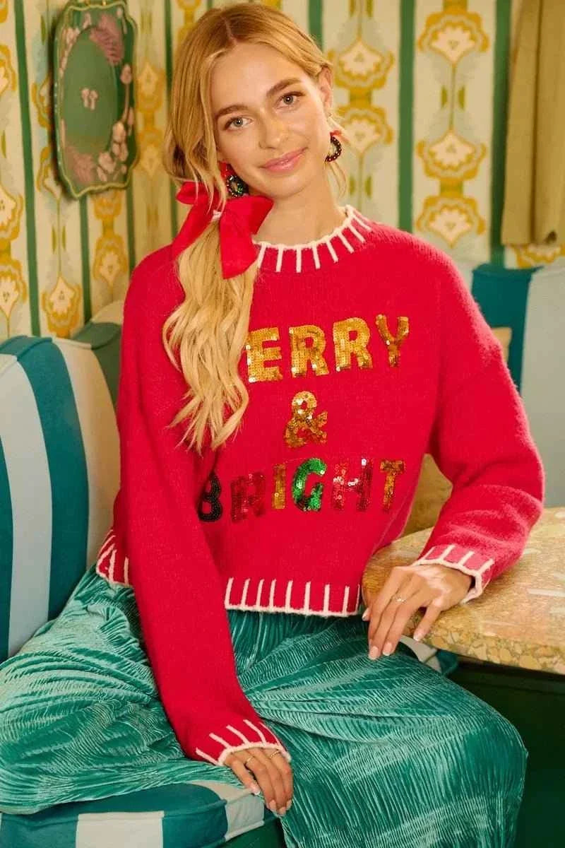 Red Christmas Theme Sequin Lettering Sweater by BiBi