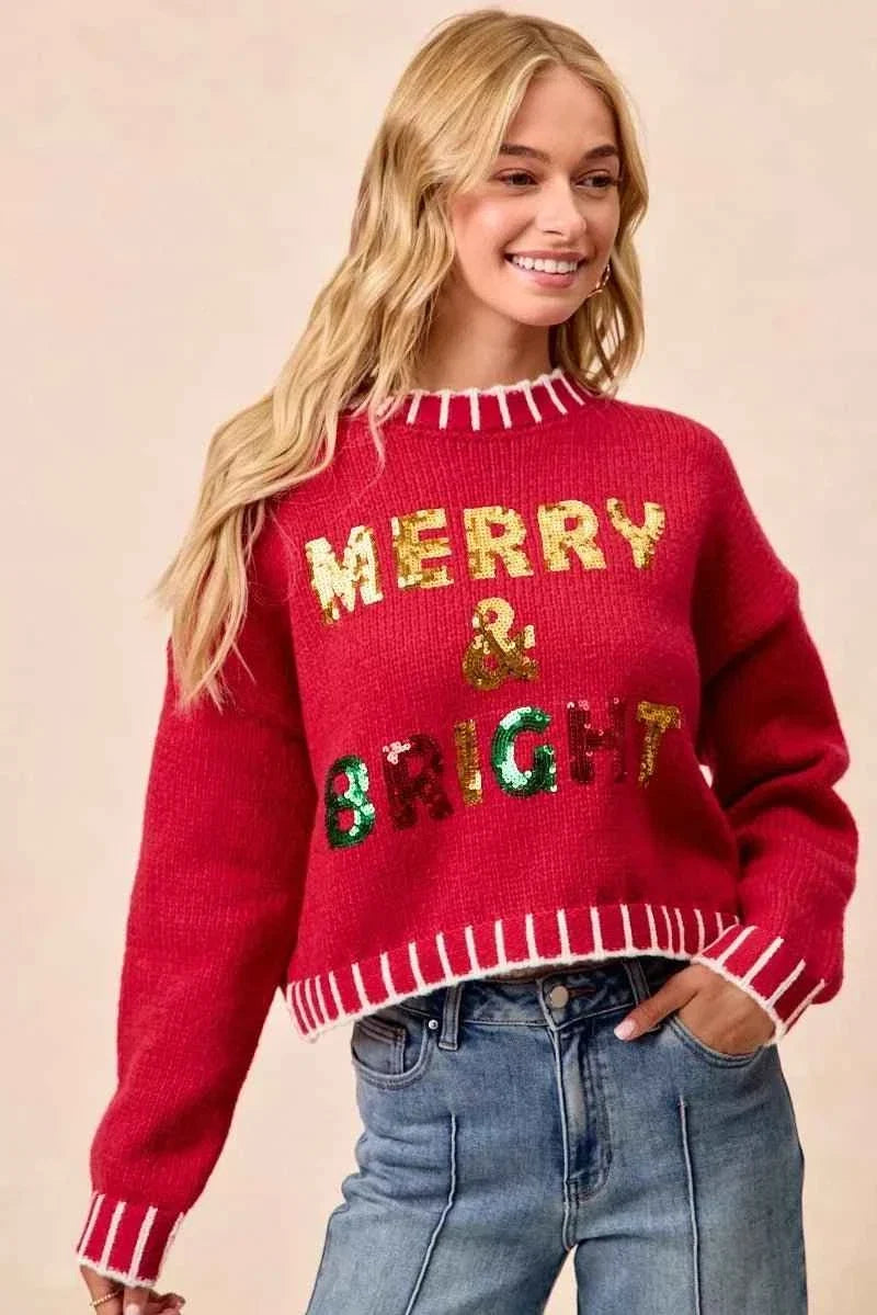 Red Christmas Theme Sequin Lettering Sweater by BiBi