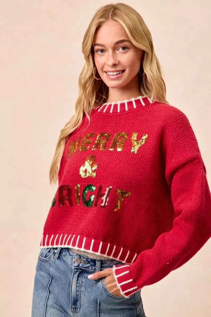 Red Christmas Theme Sequin Lettering Sweater by BiBi