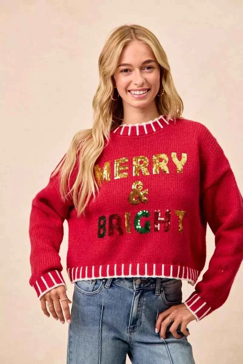 Red Christmas Theme Sequin Lettering Sweater by BiBi