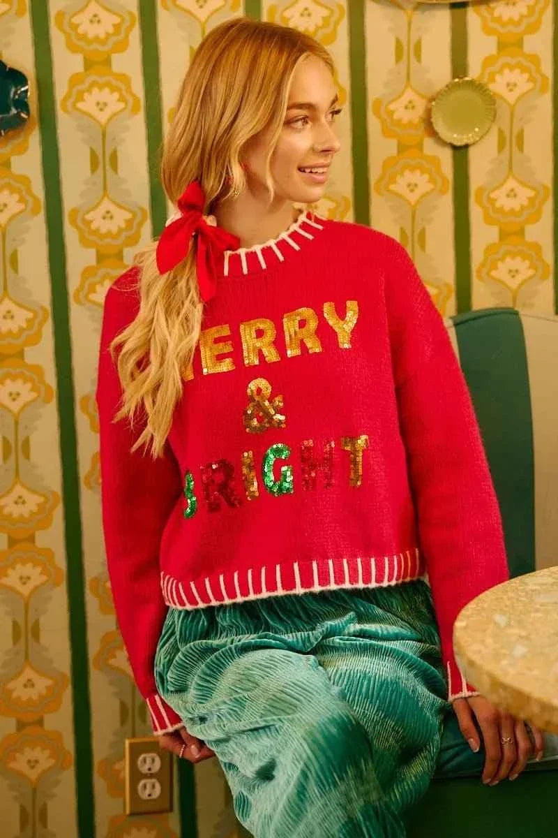 Red Christmas Theme Sequin Lettering Sweater by BiBi
