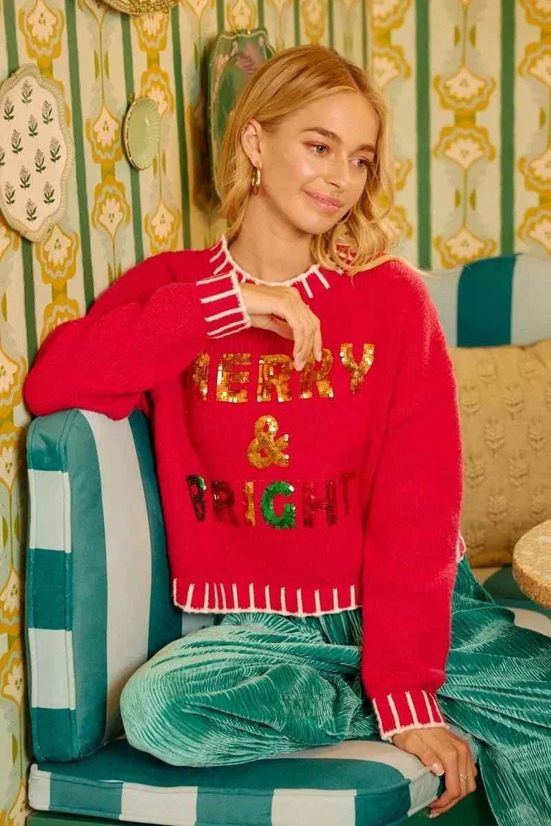 Red Christmas Theme Sequin Lettering Sweater by BiBi