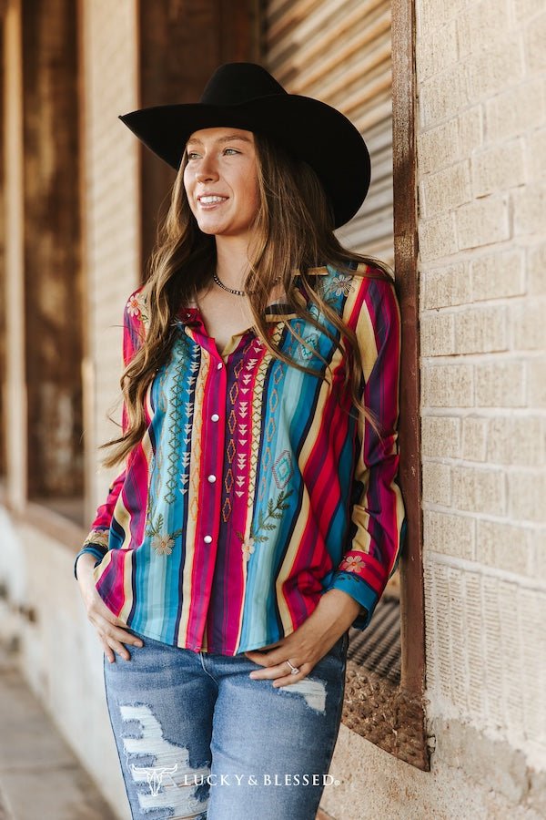 LUCKY & BLESSED Serape Pearl Snap Embroidered Western Top — Red & Turquoise Multi-Color Stripe Cowgirl Statement