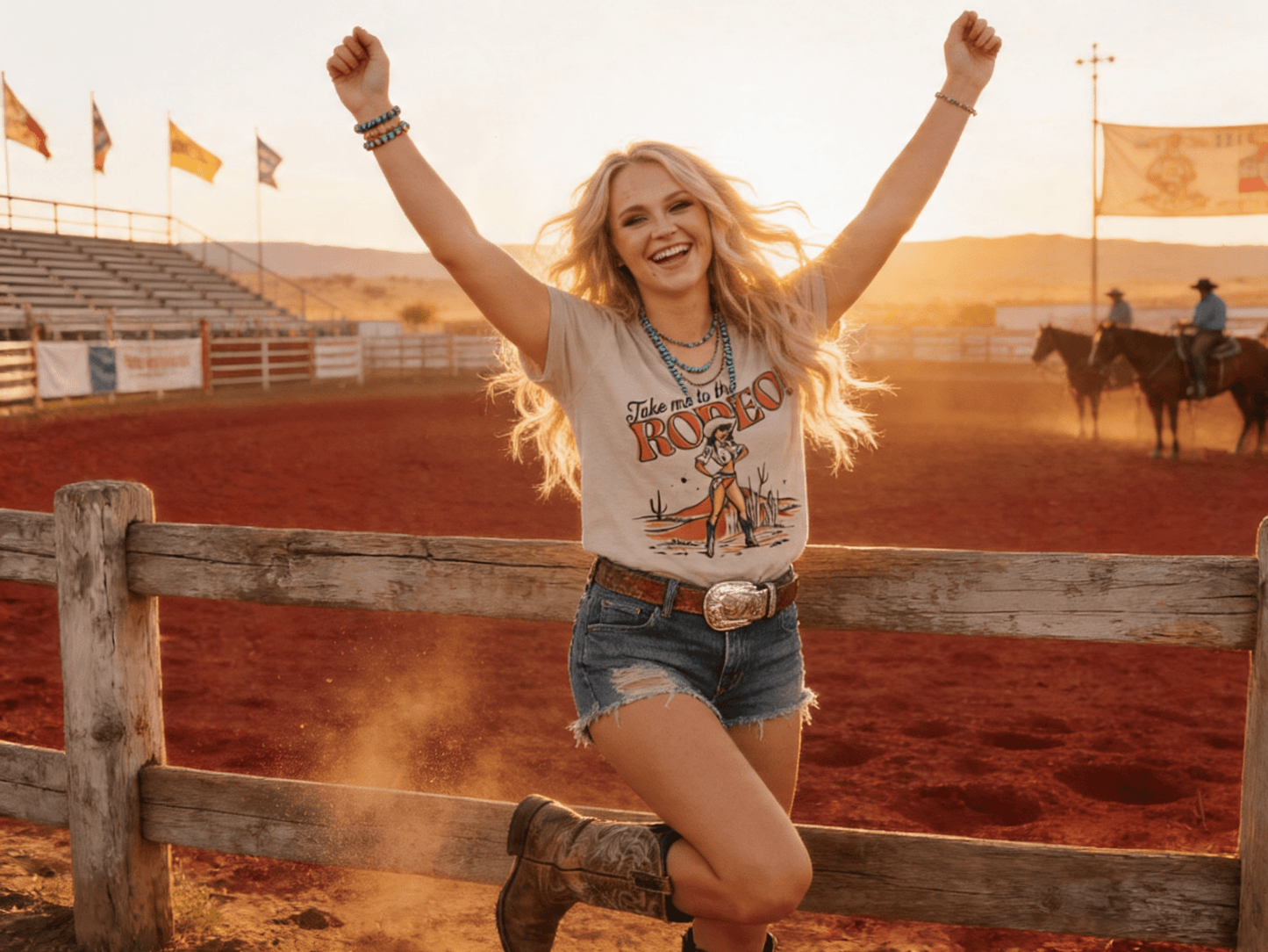 Retro "Take Me To The Rodeo" Pin-Up Cowgirl Western Graphic Tee — Tan Jerzees 50/50 Vintage Style