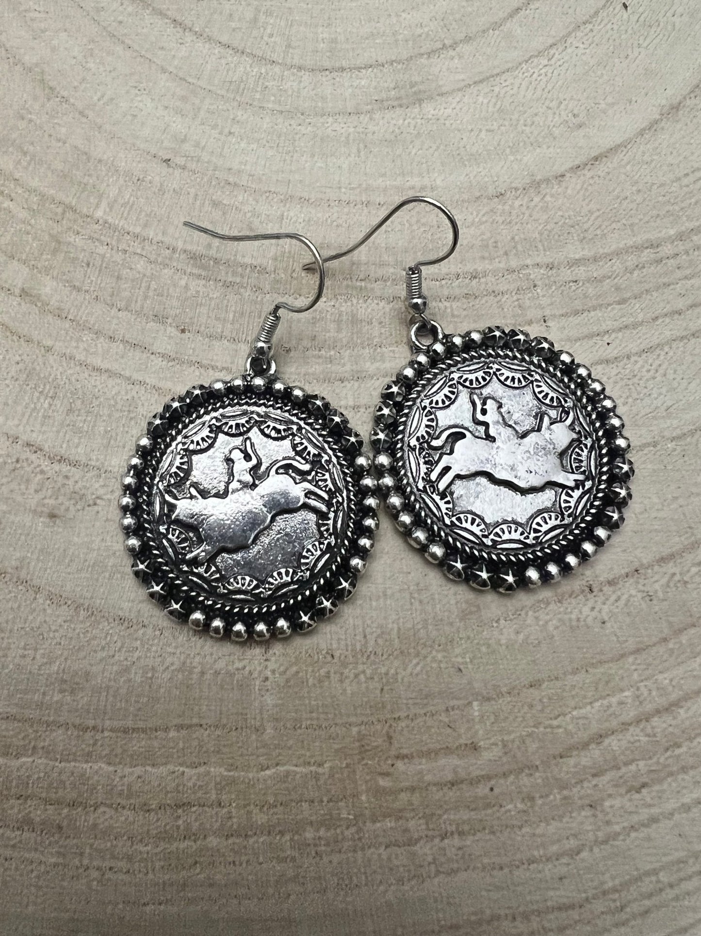 Western Rodeo Cowboy Pendant Earrings — Oxidized Silver Western Statement