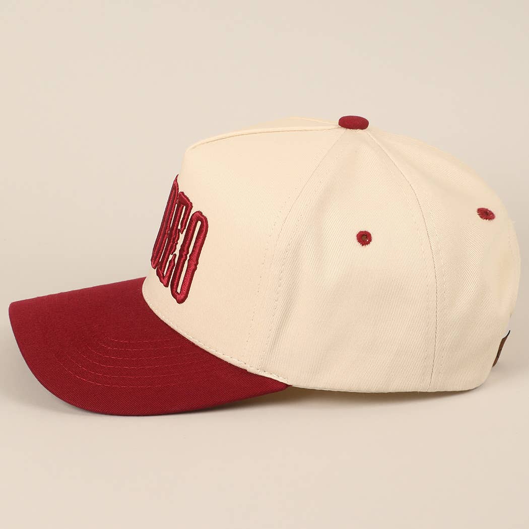 "RODEO" Two-Tone Embroidered Trucker Hat — Wine Red Cotton Canvas with Raised Lettering & 5-Panel Structure