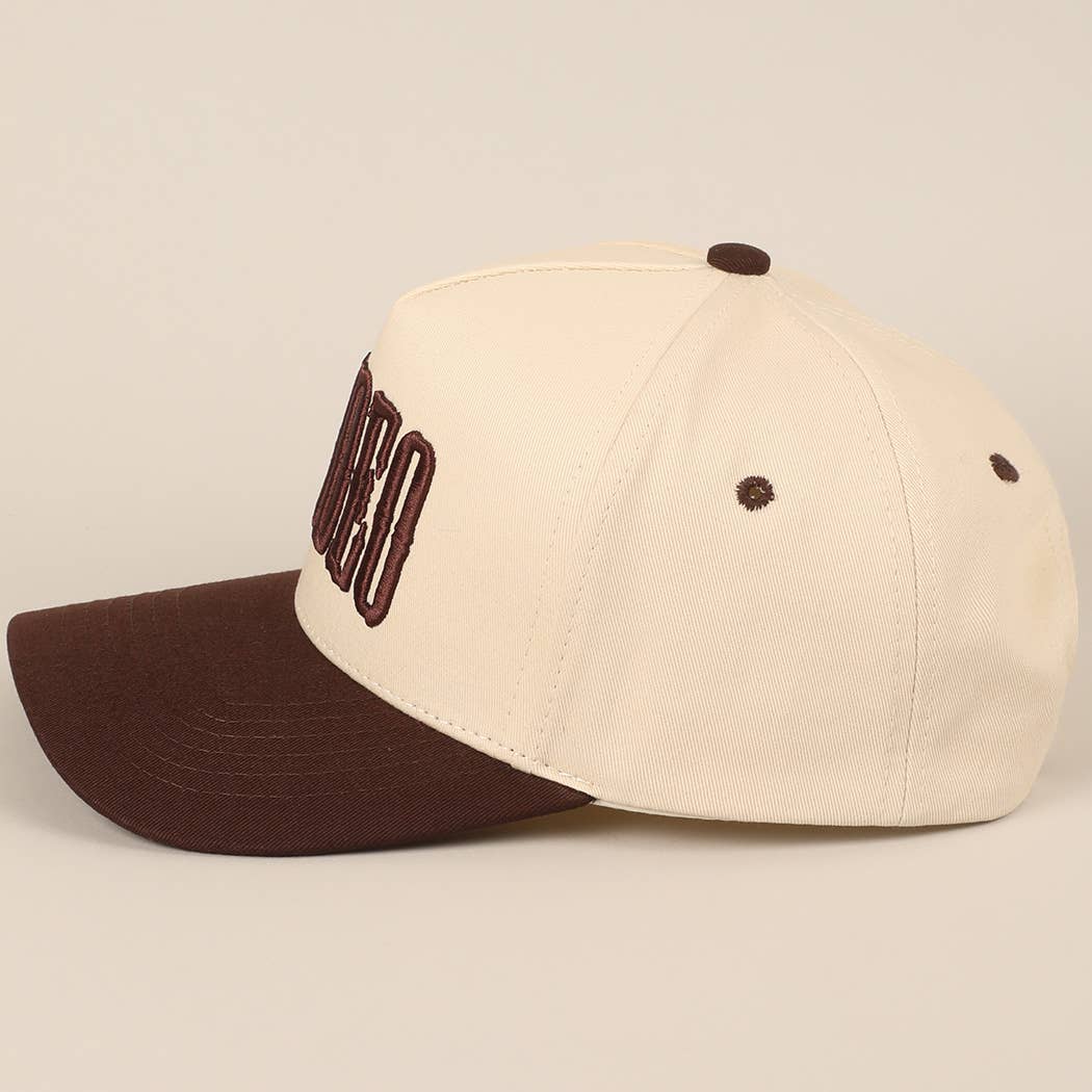 "RODEO" Two-Tone Embroidered Trucker Hat — Wine Red Cotton Canvas with Raised Lettering & 5-Panel Structure