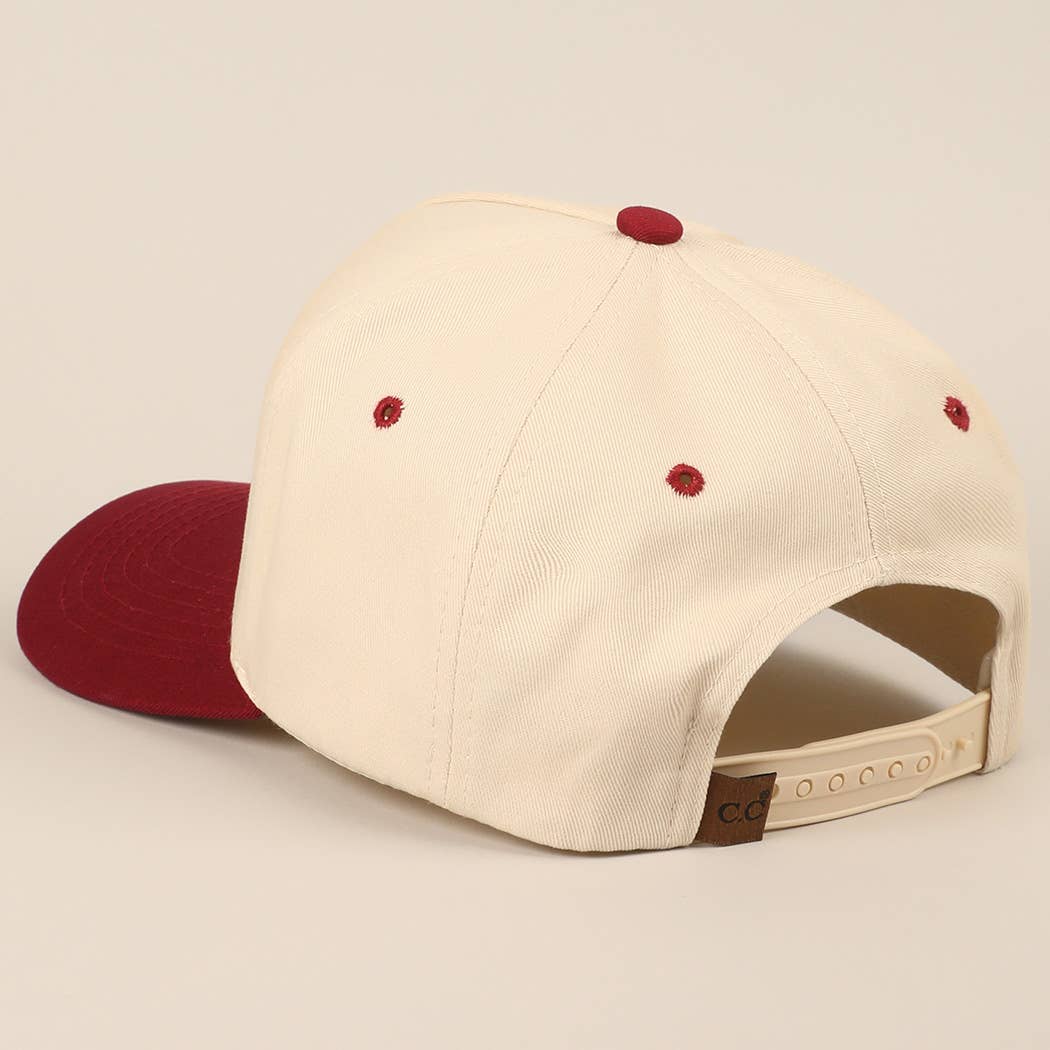 "RODEO" Two-Tone Embroidered Trucker Hat — Wine Red Cotton Canvas with Raised Lettering & 5-Panel Structure