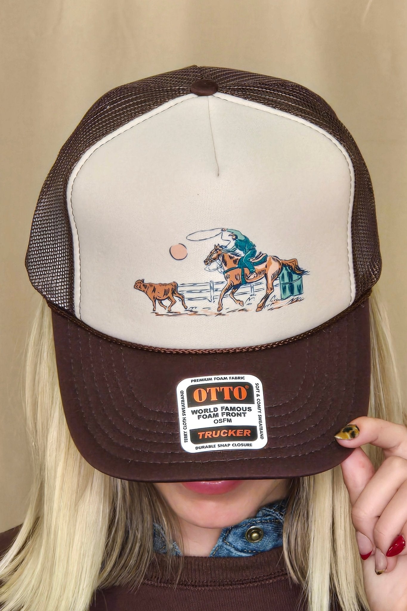 "Roping Cowboy" Trucker Hat — Otto 5-Panel Foam Front with DTF Western Print & Mesh Back