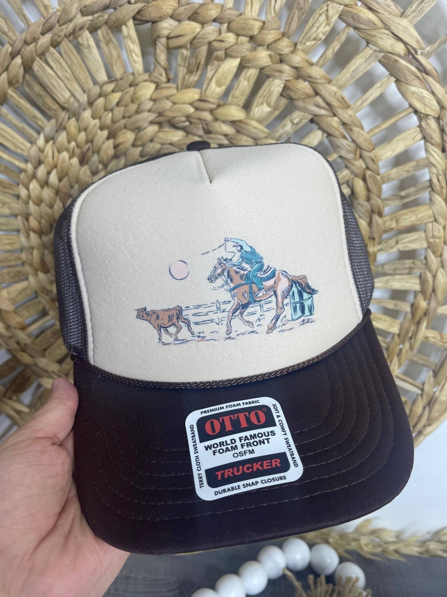 "Roping Cowboy" Trucker Hat — Otto 5-Panel Foam Front with DTF Western Print & Mesh Back