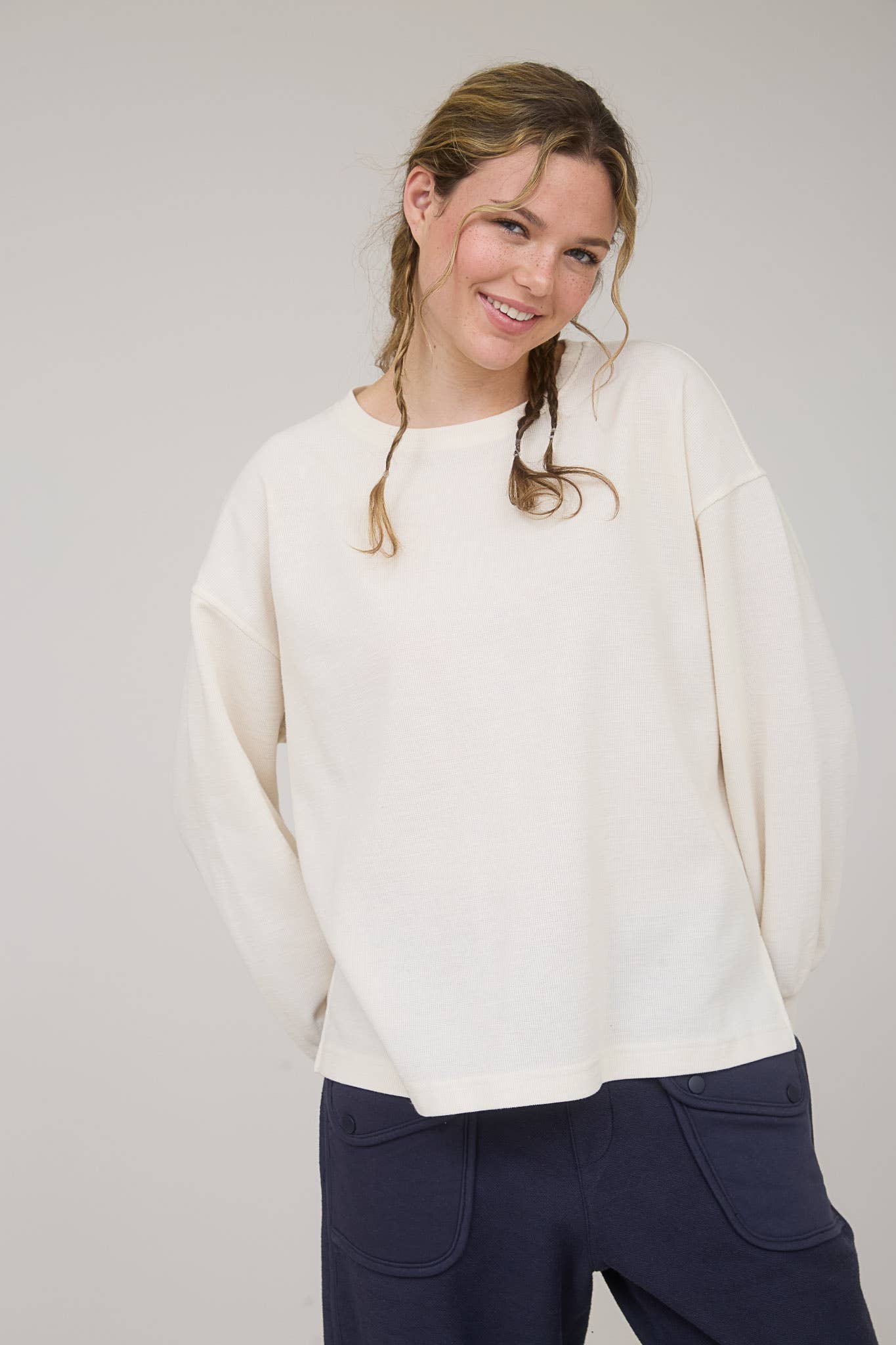 Blu Pepper "Round Up" Western Raw Edge Marled Knit Top — Soft Cotton Blend (Brown or Oatmeal)