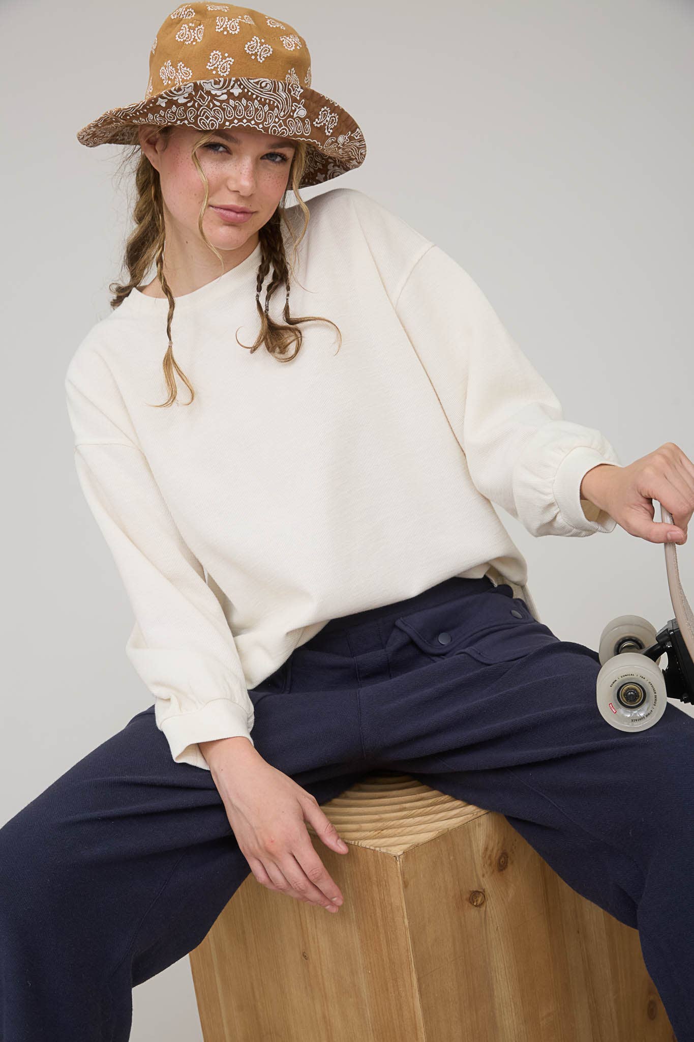 Blu Pepper "Round Up" Western Raw Edge Marled Knit Top — Soft Cotton Blend (Brown or Oatmeal)