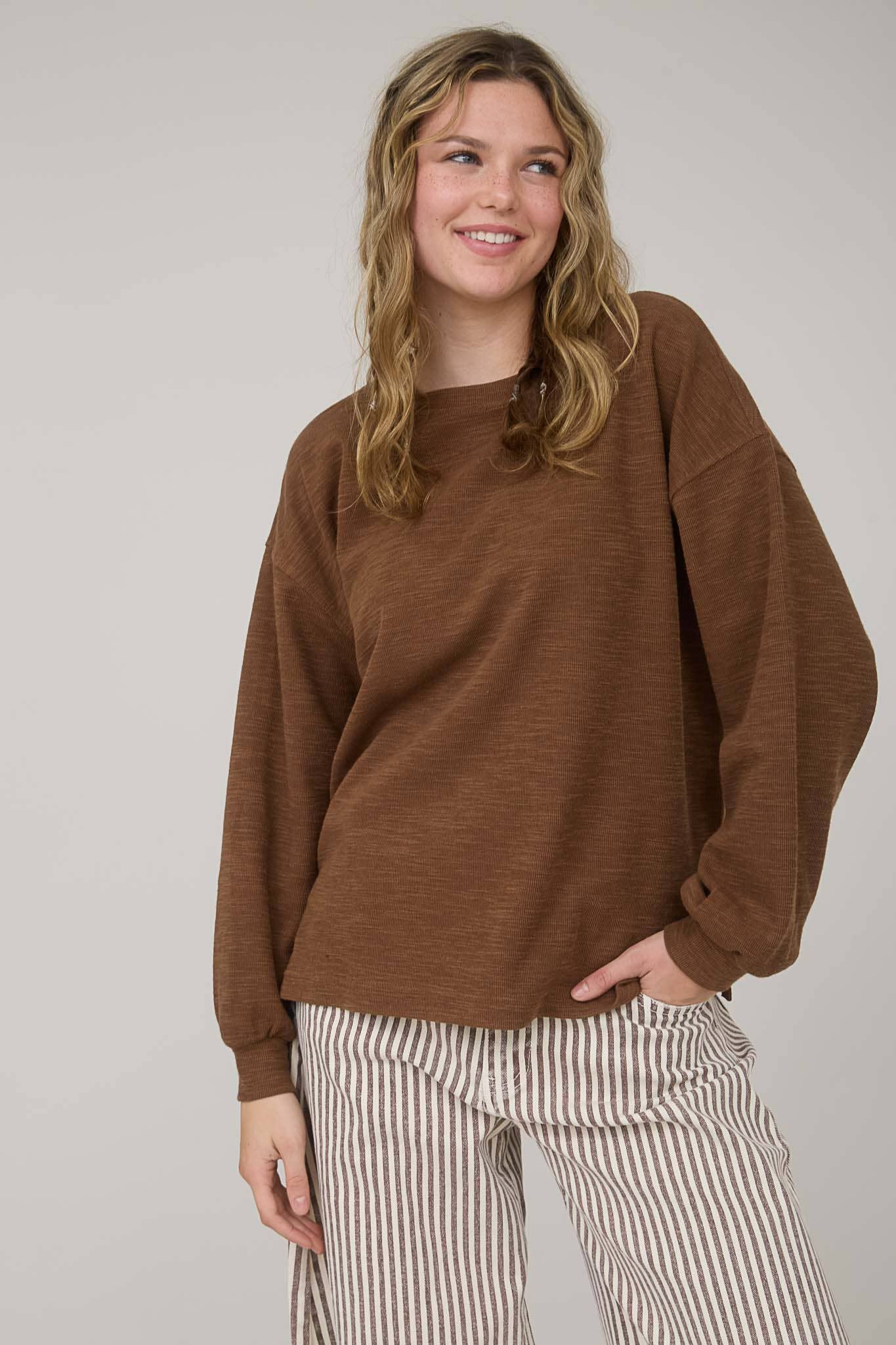 Blu Pepper "Round Up" Western Raw Edge Marled Knit Top — Soft Cotton Blend (Brown or Oatmeal)