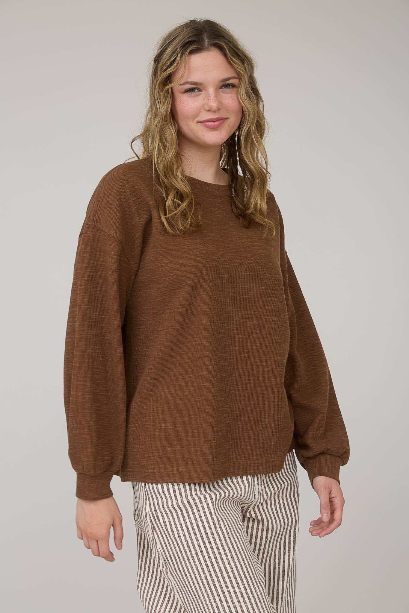 Blu Pepper "Round Up" Western Raw Edge Marled Knit Top — Soft Cotton Blend (Brown or Oatmeal)