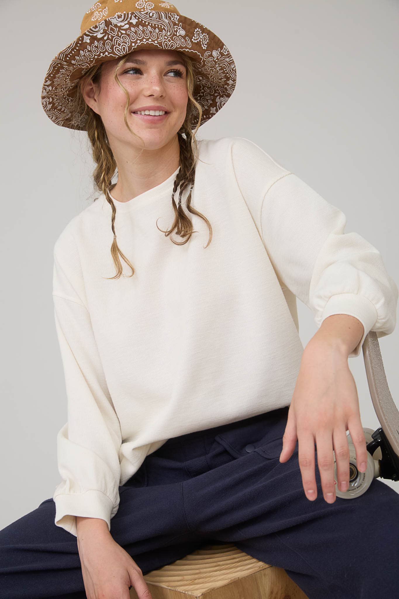 Blu Pepper "Round Up" Western Raw Edge Marled Knit Top — Soft Cotton Blend (Brown or Oatmeal)