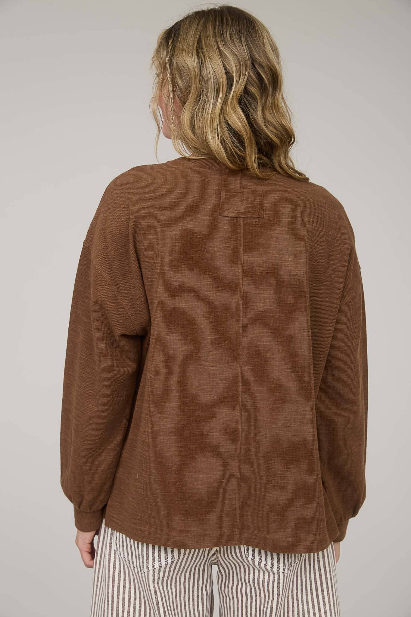 Blu Pepper "Round Up" Western Raw Edge Marled Knit Top — Soft Cotton Blend (Brown or Oatmeal)