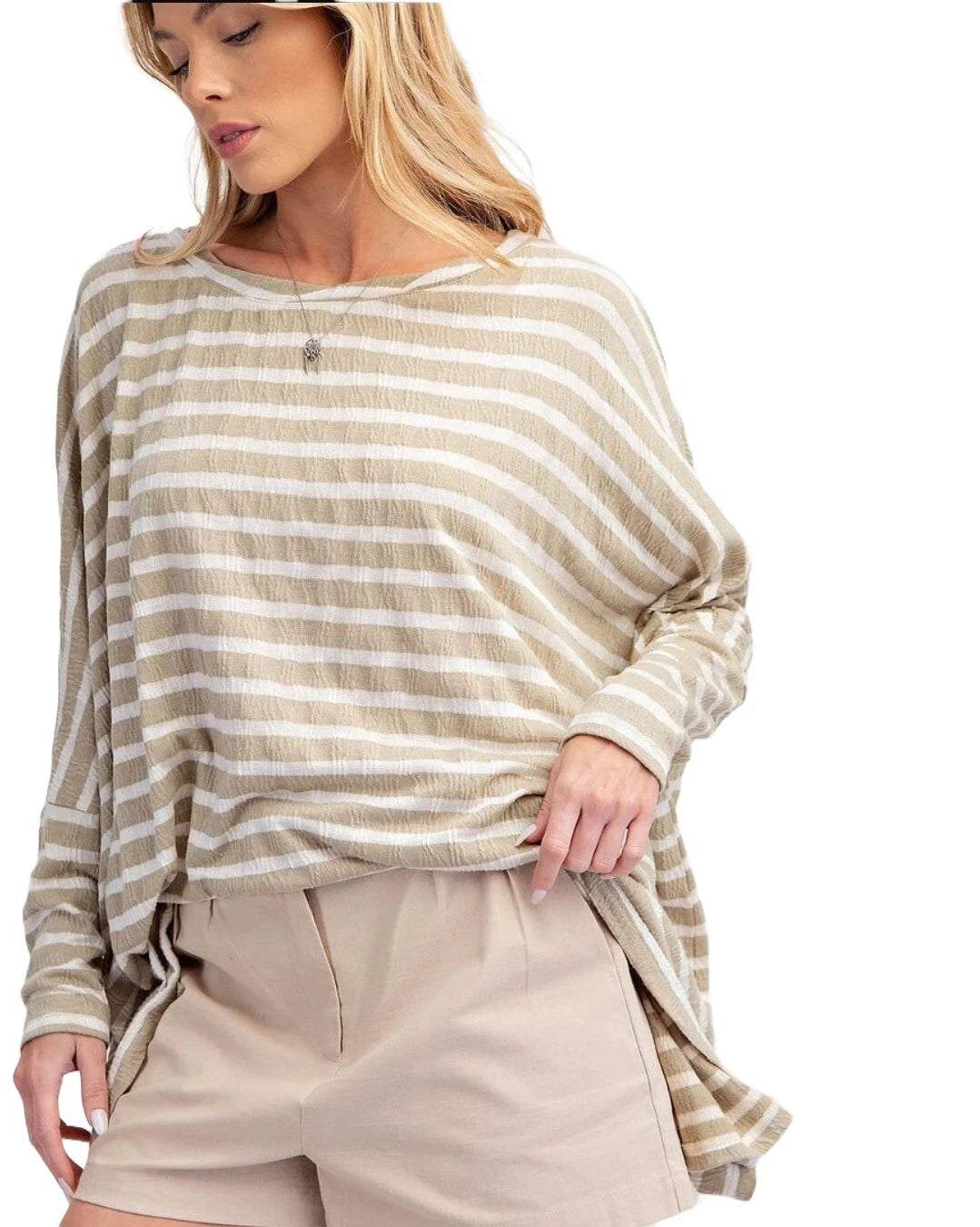 Easel Faded Sage and White Oversized Stripe Top Plus Size