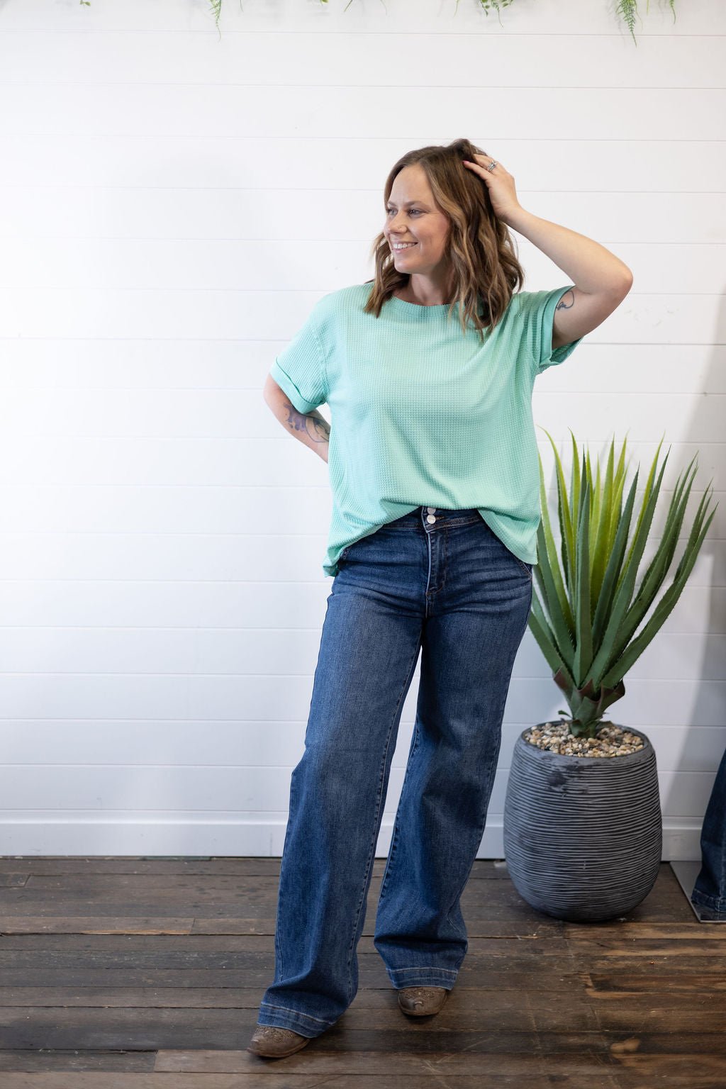 Andrée by Unit "Santa Anna" Two-Tone Short Sleeve Textured Western Top — Stretchy Knit with Raw-Edged Back Patch (5 Colors)