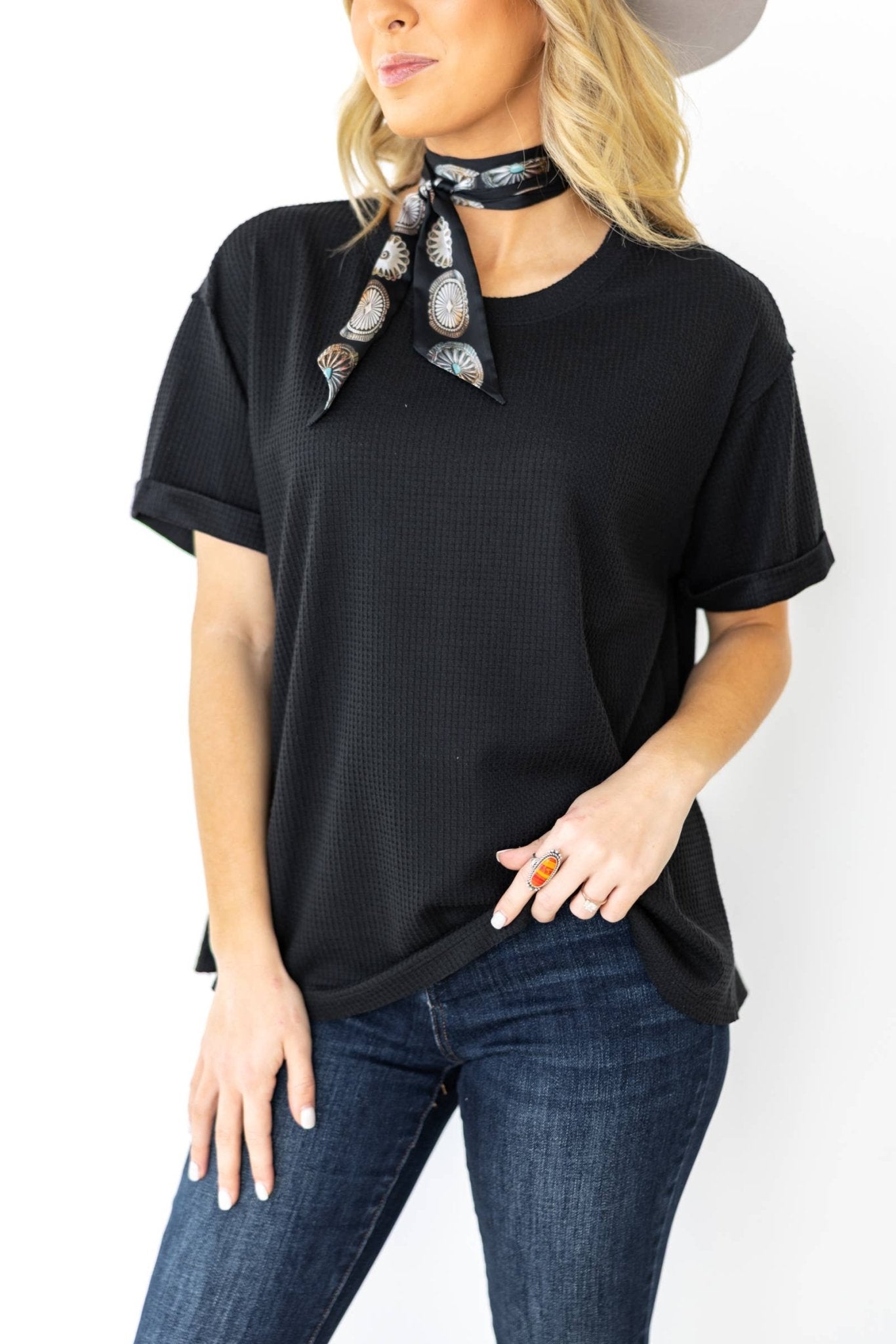 Andrée by Unit "Santa Anna" Two-Tone Short Sleeve Textured Western Top — Stretchy Knit with Raw-Edged Back Patch (5 Colors)