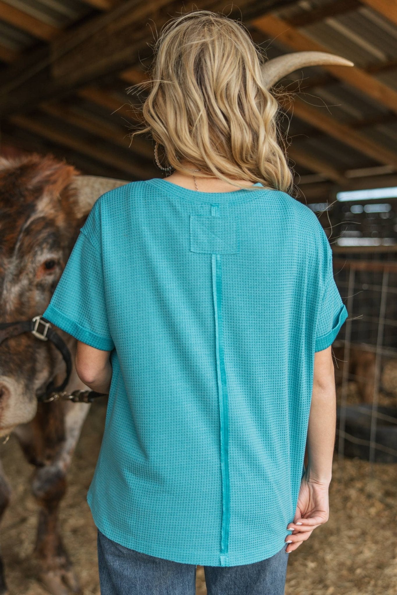 Andrée by Unit "Santa Anna" Two-Tone Short Sleeve Textured Western Top — Stretchy Knit with Raw-Edged Back Patch (5 Colors)
