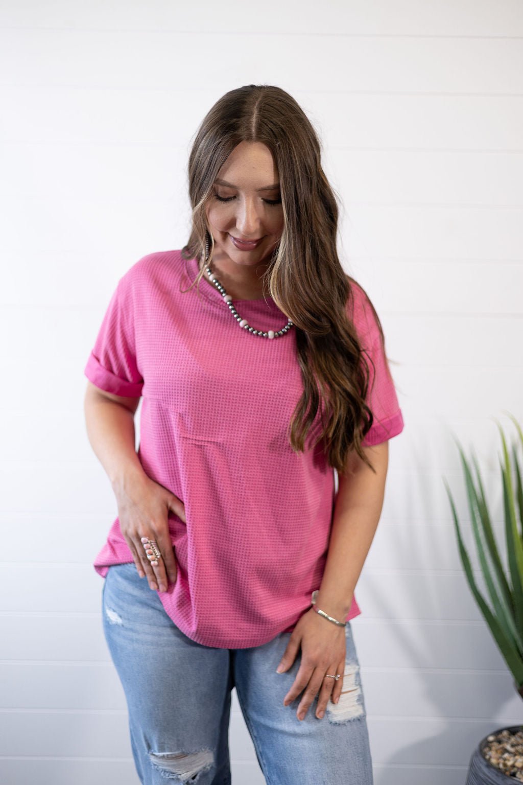 Andrée by Unit "Santa Anna" Two-Tone Short Sleeve Textured Western Top — Stretchy Knit with Raw-Edged Back Patch (5 Colors)