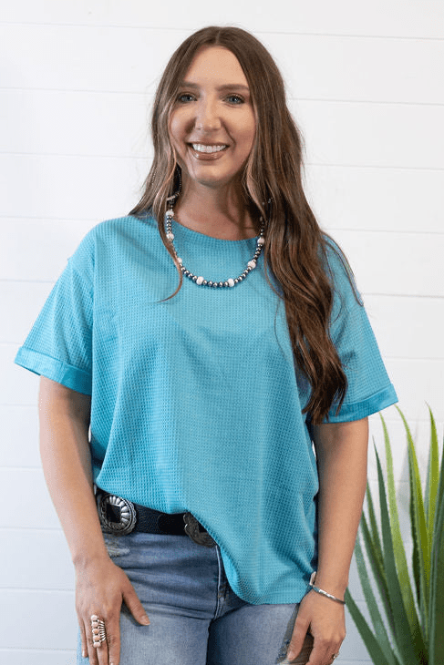 Andrée by Unit "Santa Anna" Two-Tone Short Sleeve Textured Western Top — Stretchy Knit with Raw-Edged Back Patch (5 Colors)