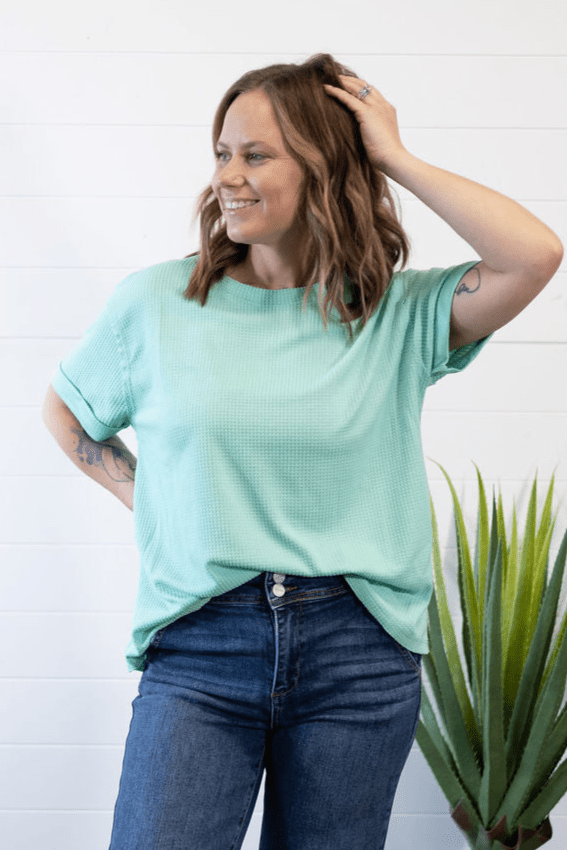 Andrée by Unit "Santa Anna" Two-Tone Short Sleeve Textured Western Top — Stretchy Knit with Raw-Edged Back Patch (5 Colors)