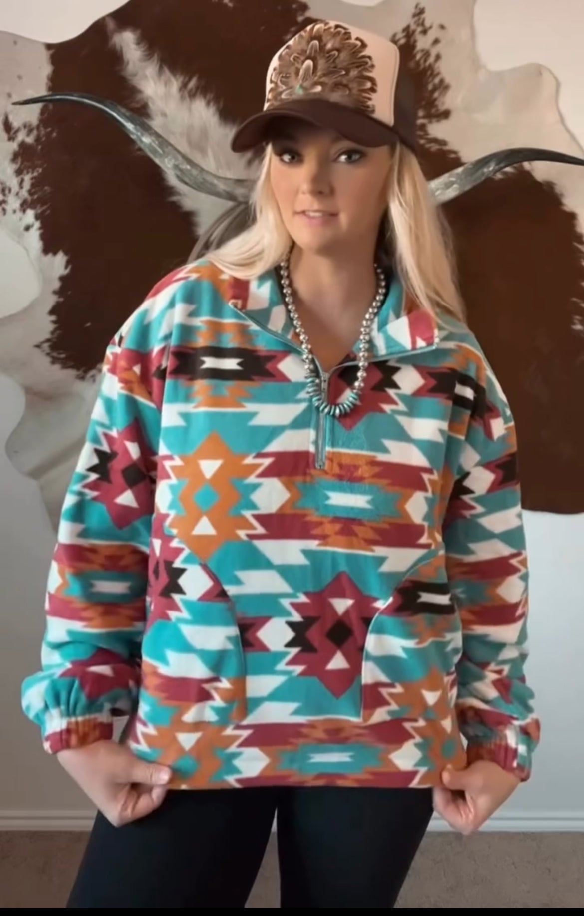 Blue B "Santa Fe" Aztec Sherpa Fleece Zip-Up Western Pullover Sweatshirt — Side Pocket with Adjustable Toggle Cords
