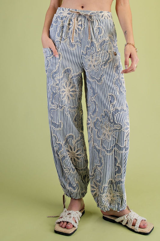 E20 EASEL EMBROIDERY STRIPED WOVEN PANTS IN DENIM BLUE