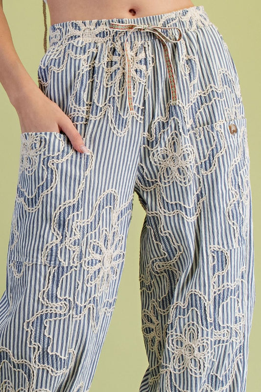 E20 EASEL EMBROIDERY STRIPED WOVEN PANTS IN DENIM BLUE