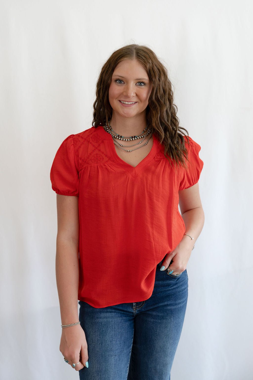 Blu Pepper "Scarlette" Red Eyelet Puff Sleeve Western Top — Split Neckline with Embroidered Eyelet Detail