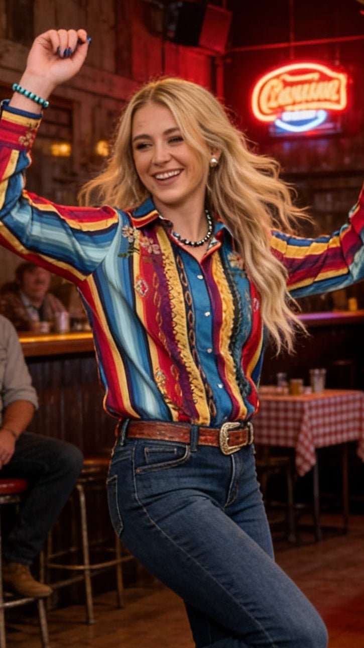 LUCKY & BLESSED Serape Pearl Snap Embroidered Western Top — Red & Turquoise Multi-Color Stripe Cowgirl Statement