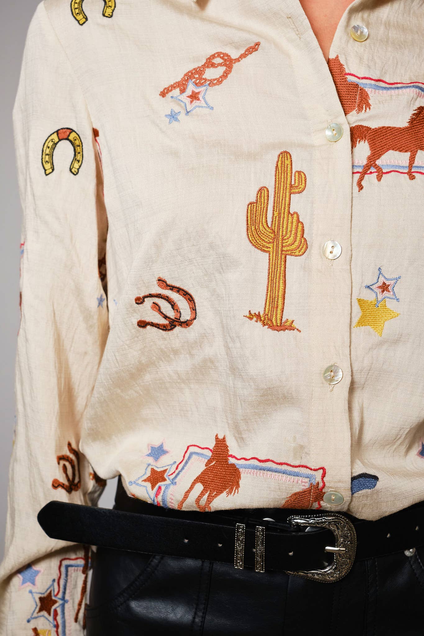 Blue B "She's Western" Embroidered Shirt — Horses, Cacti, Stars & Boots Western Embroidery