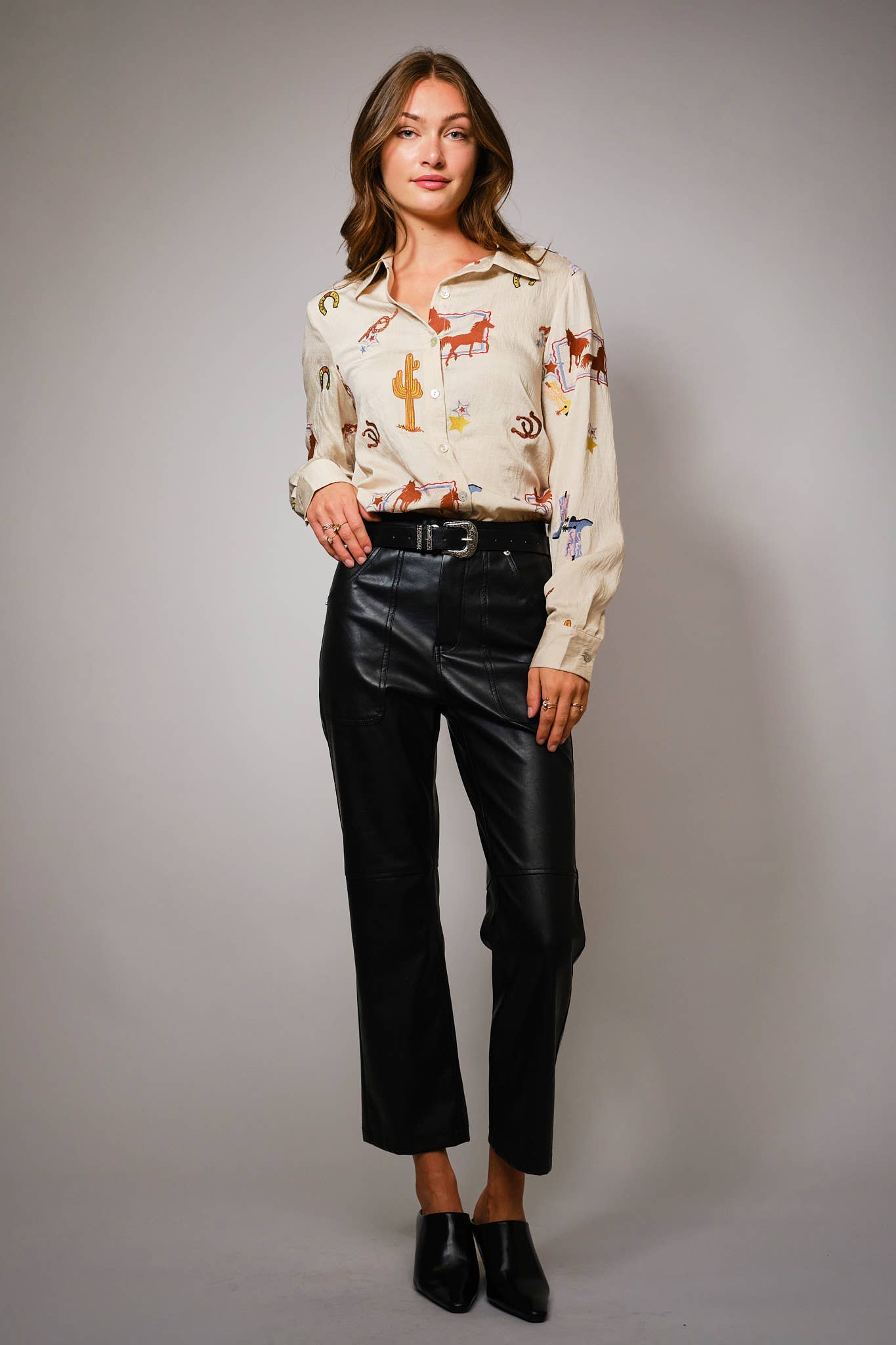Blue B "She's Western" Embroidered Shirt — Horses, Cacti, Stars & Boots Western Embroidery