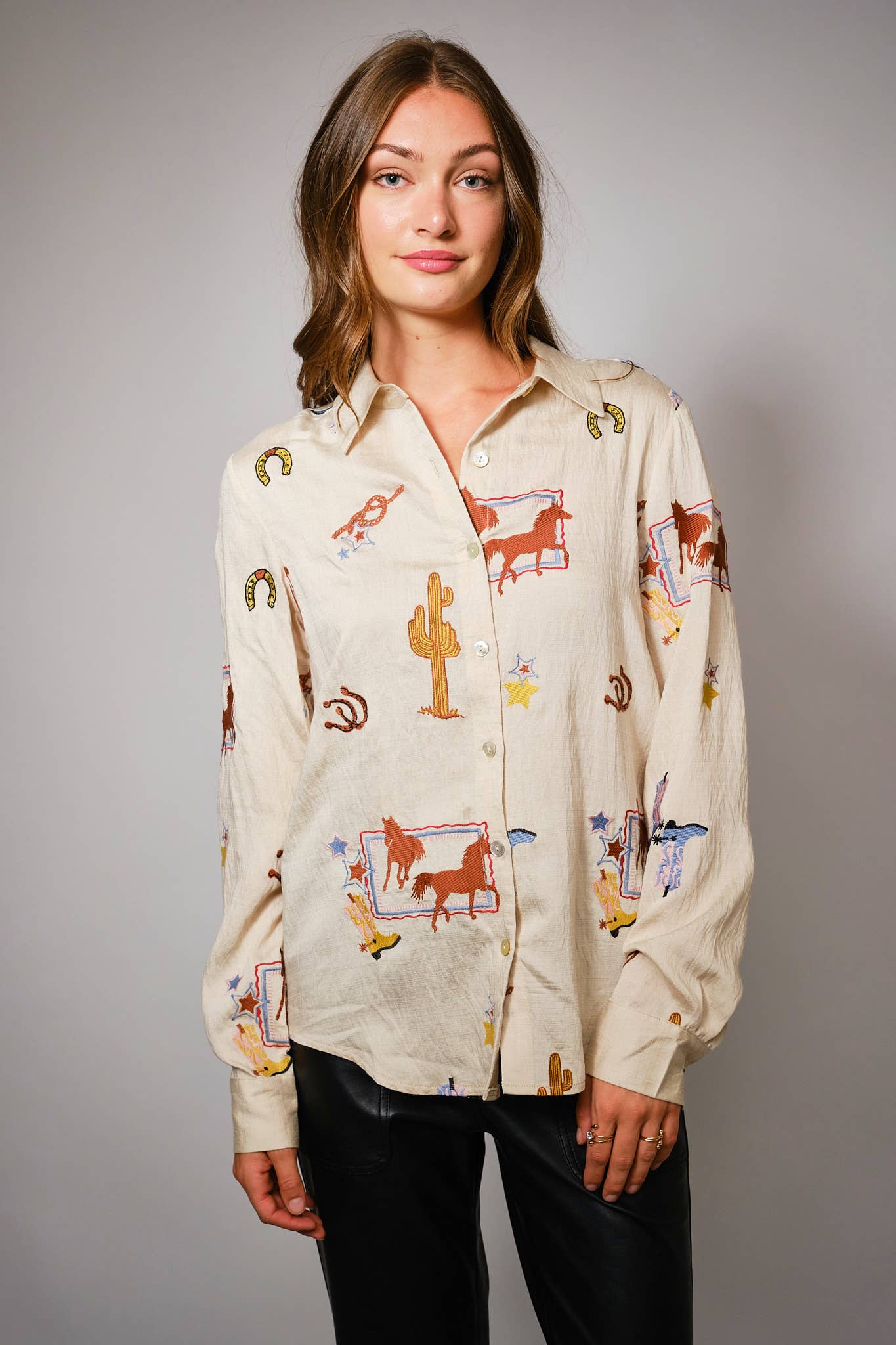 Blue B "She's Western" Embroidered Shirt — Horses, Cacti, Stars & Boots Western Embroidery