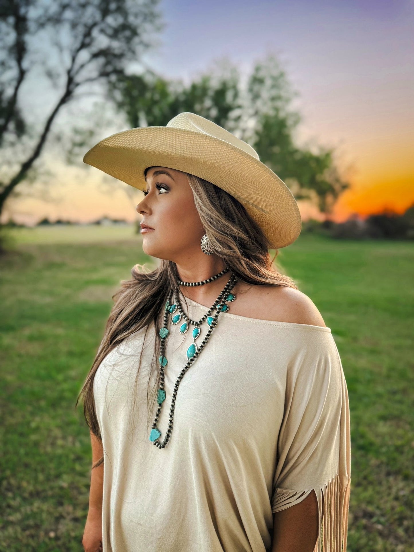 Western Long Faux Turquoise Nugget & Sterling Pearl Statement Necklace — 48 Inch
