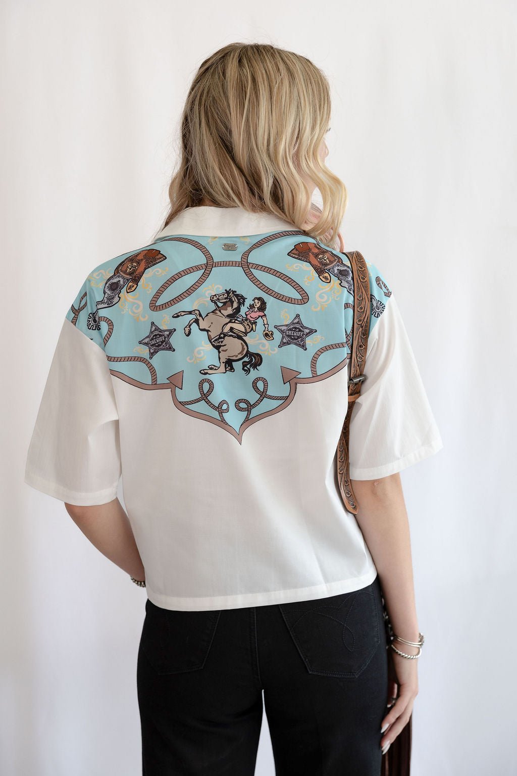 LUCKY & BLESSED "Silver Screen" Western Yoke Button-Down Short Sleeve Top — Ivory with Turquoise & Red Vintage Yoke (small available)