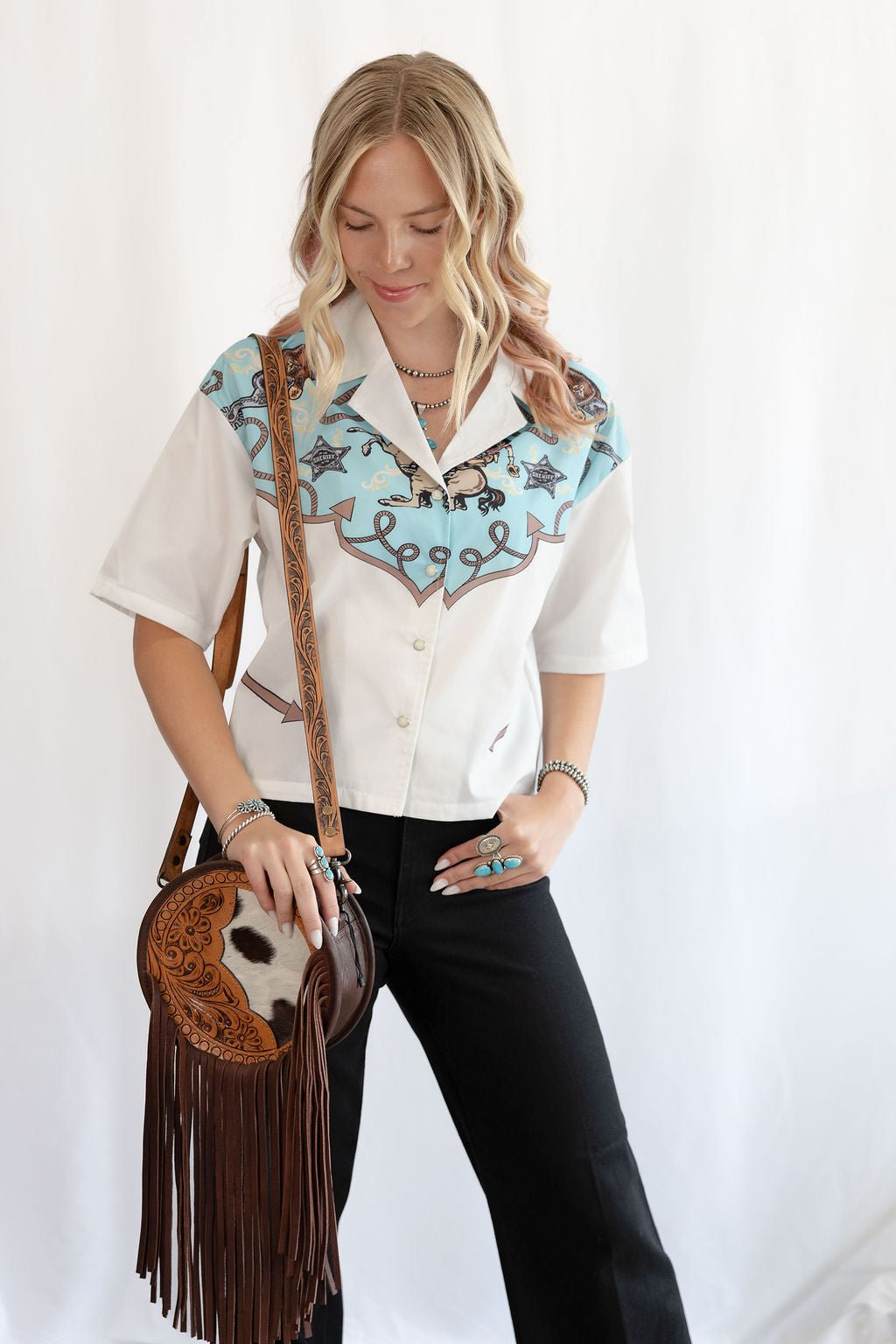 LUCKY & BLESSED "Silver Screen" Western Yoke Button-Down Short Sleeve Top — Ivory with Turquoise & Red Vintage Yoke (small available)