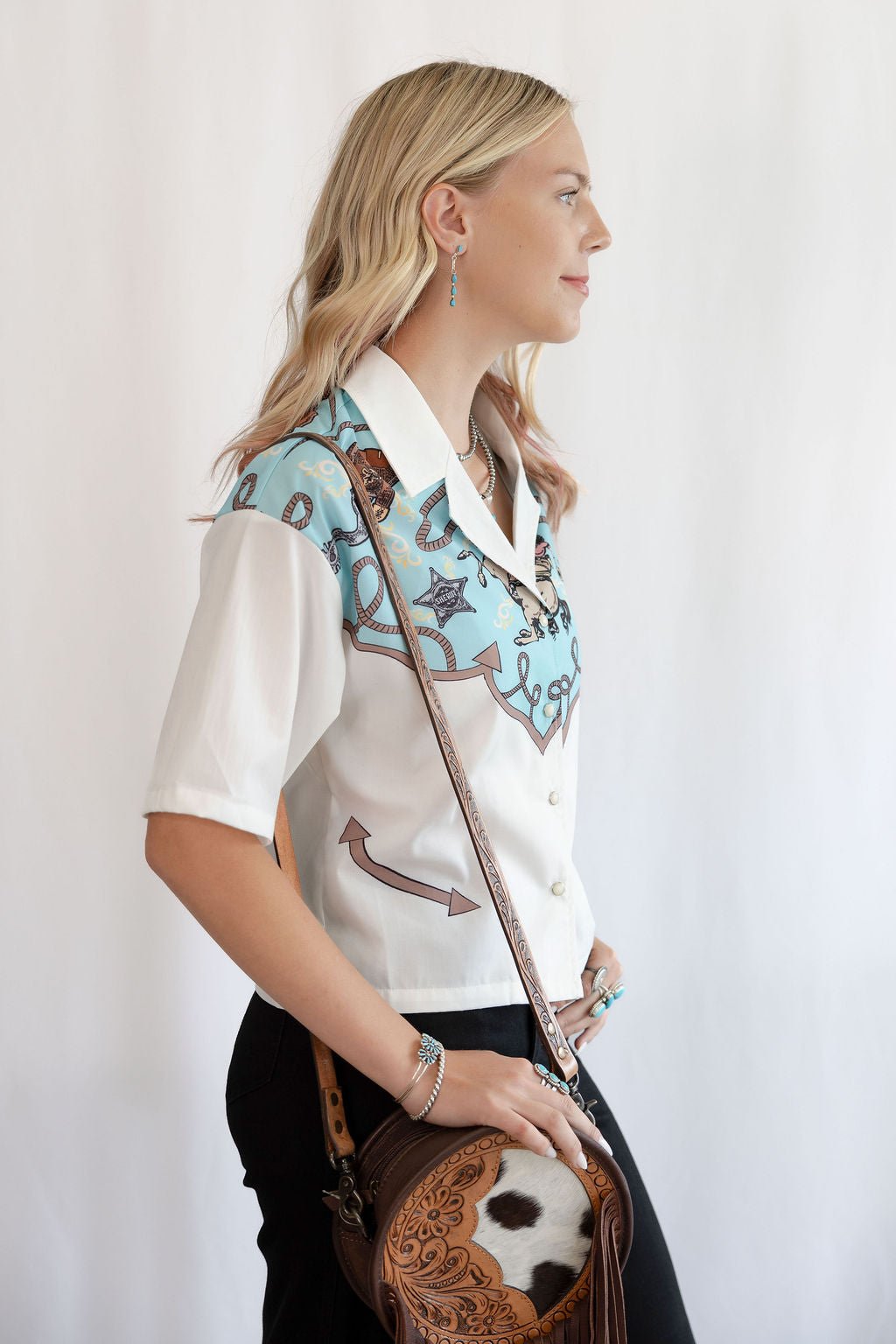 LUCKY & BLESSED "Silver Screen" Western Yoke Button-Down Short Sleeve Top — Ivory with Turquoise & Red Vintage Yoke (small available)