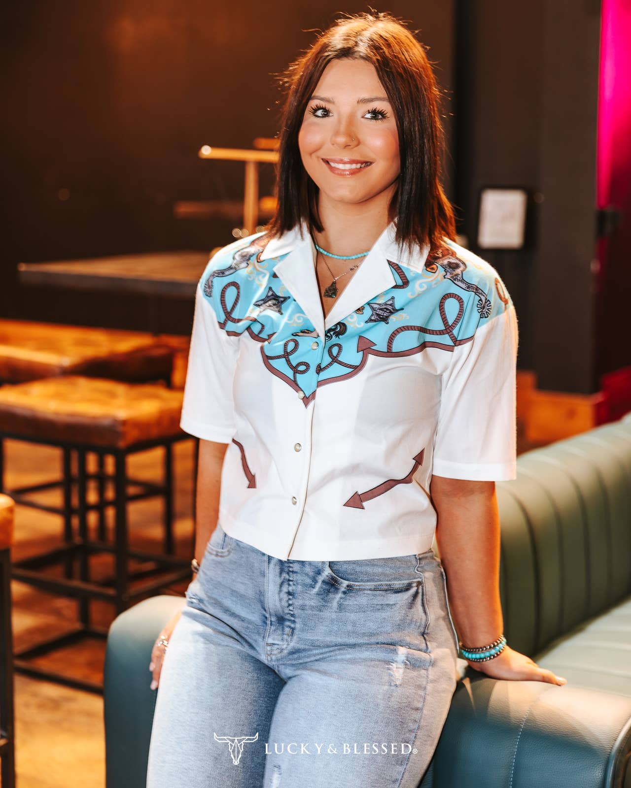 LUCKY & BLESSED "Silver Screen" Western Yoke Button-Down Short Sleeve Top — Ivory with Turquoise & Red Vintage Yoke (small available)