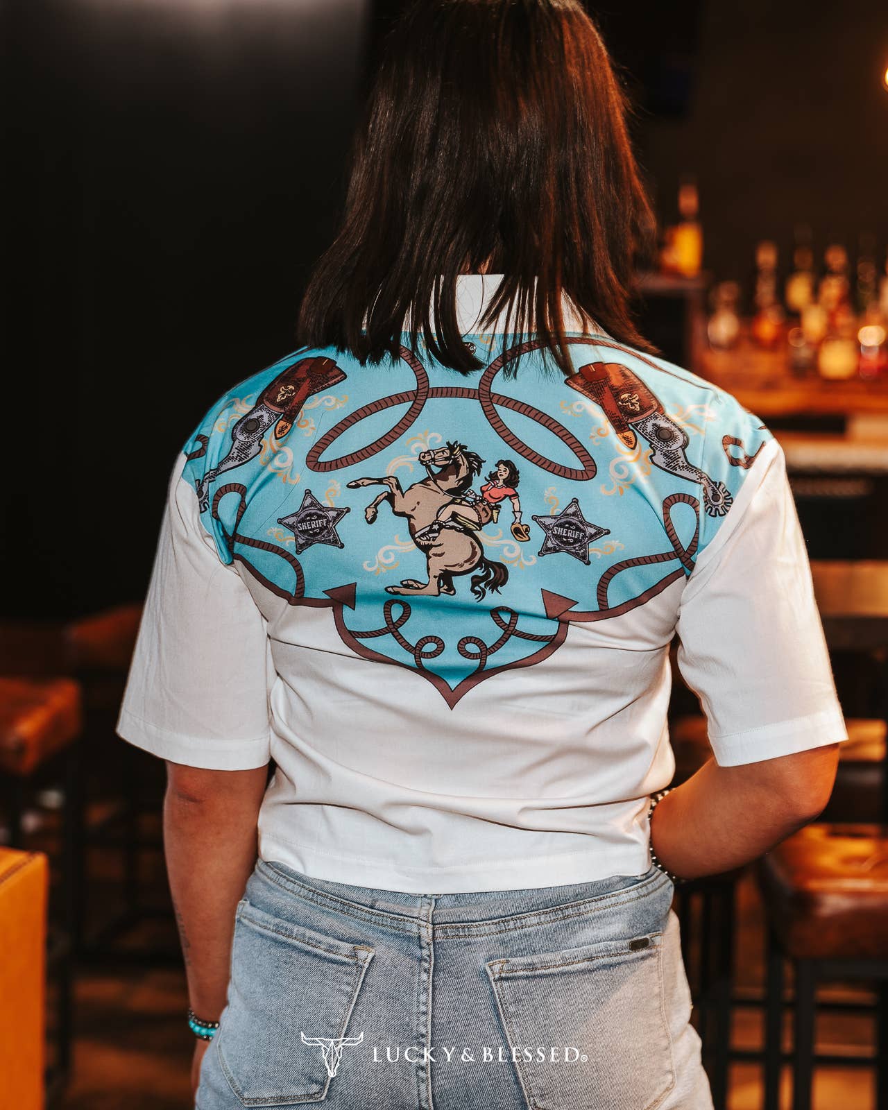 LUCKY & BLESSED "Silver Screen" Western Yoke Button-Down Short Sleeve Top — Ivory with Turquoise & Red Vintage Yoke (small available)